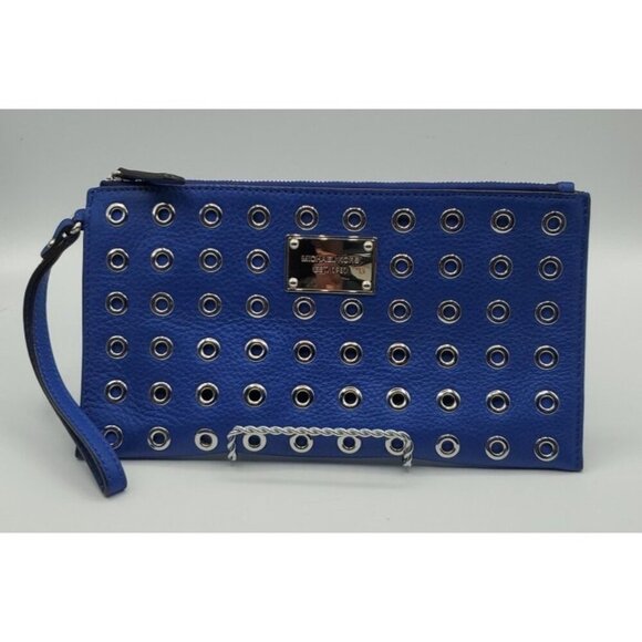 Michael Kors Jet Set Grommet Large Zip Clutch Wristlet Pebble Leather Sapphire - Picture 1 of 10
